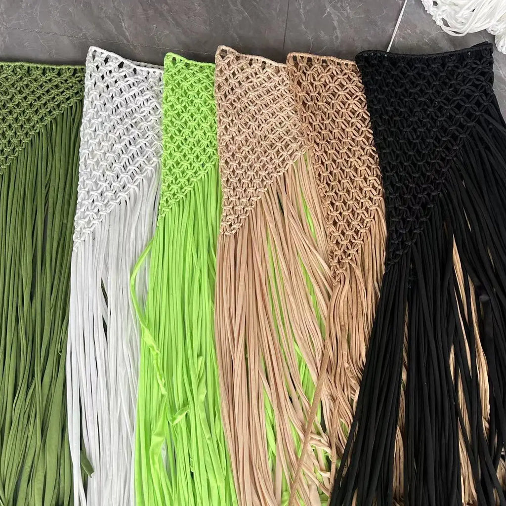 Beachapche Hand Crochet Tassel Skirts Women Fashion Sexy Side High Knitted  Beach Cover Ups