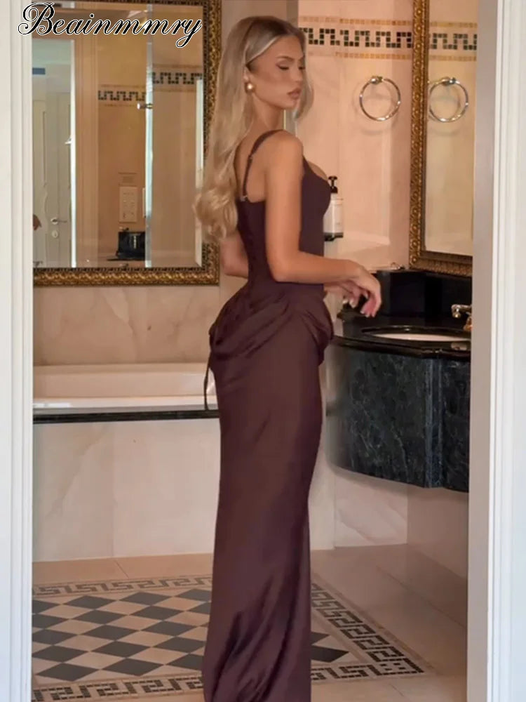 BROWN Pleated Sling MAXI Dress Women Square Neck Sleeveless Off-shoulder Waist Cinching Slim ROBE Fashion Evening Party Gowns