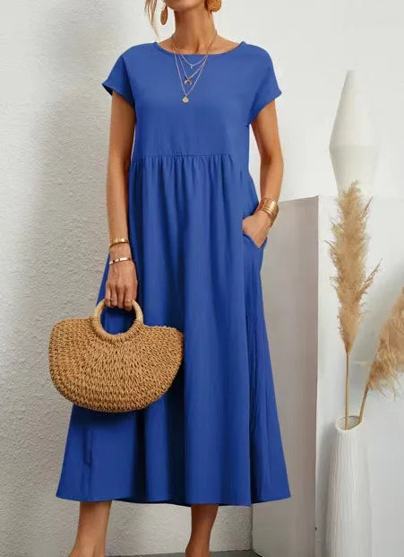 Cotton Linen Short Sleeve Shirred Loose Maxi Sundress