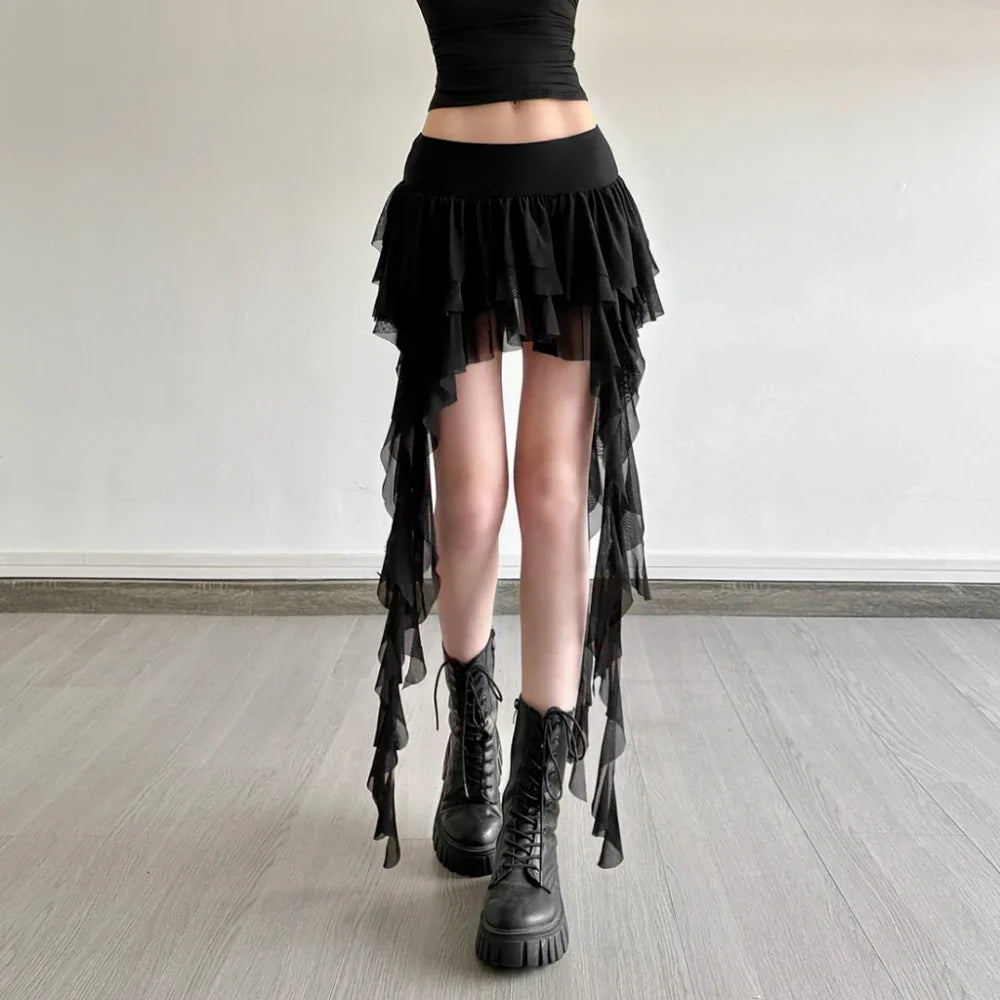 SylCue Ruched Elegant Mini Skirts Women Y2K Sweet Style Elastic Waist Ruffles Tassel Street Fashion Trend Solid Classic Outfits
