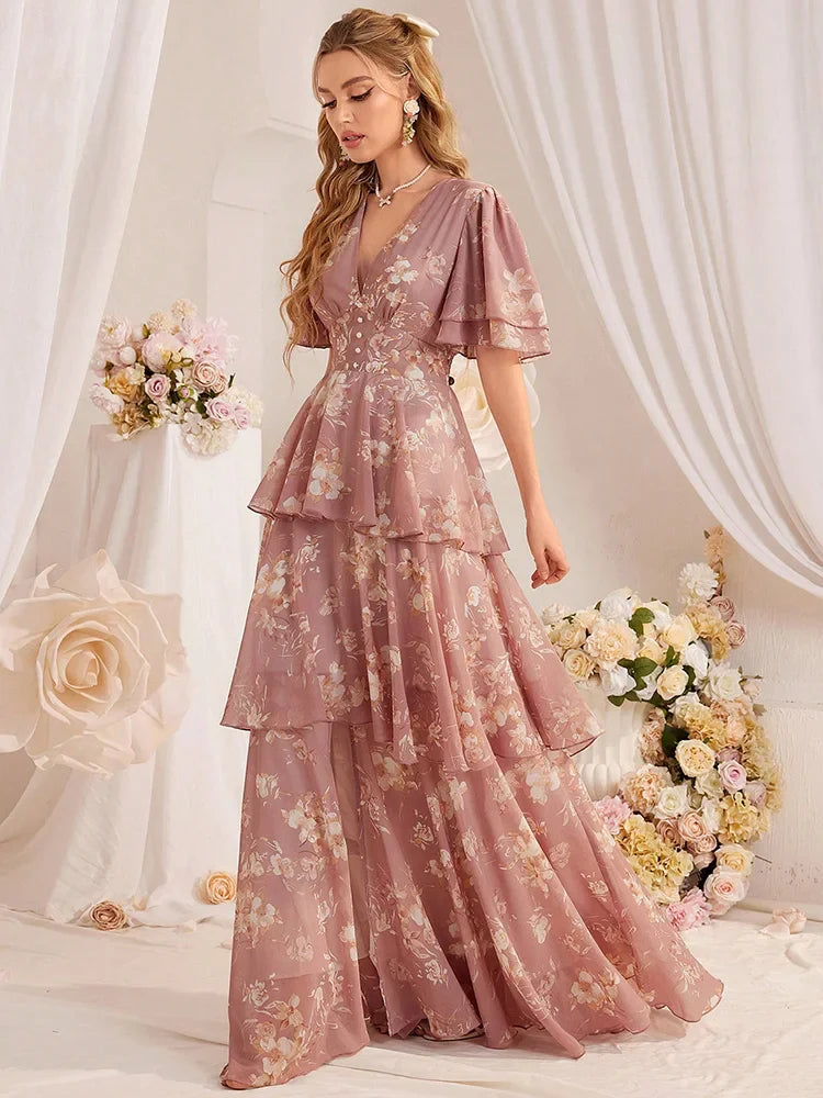TOLEEN Casual Deep V-Neck Slim Floral Printed Tiered Ruffle Hem Long Dresses Fashion Elegant Women's Clothing