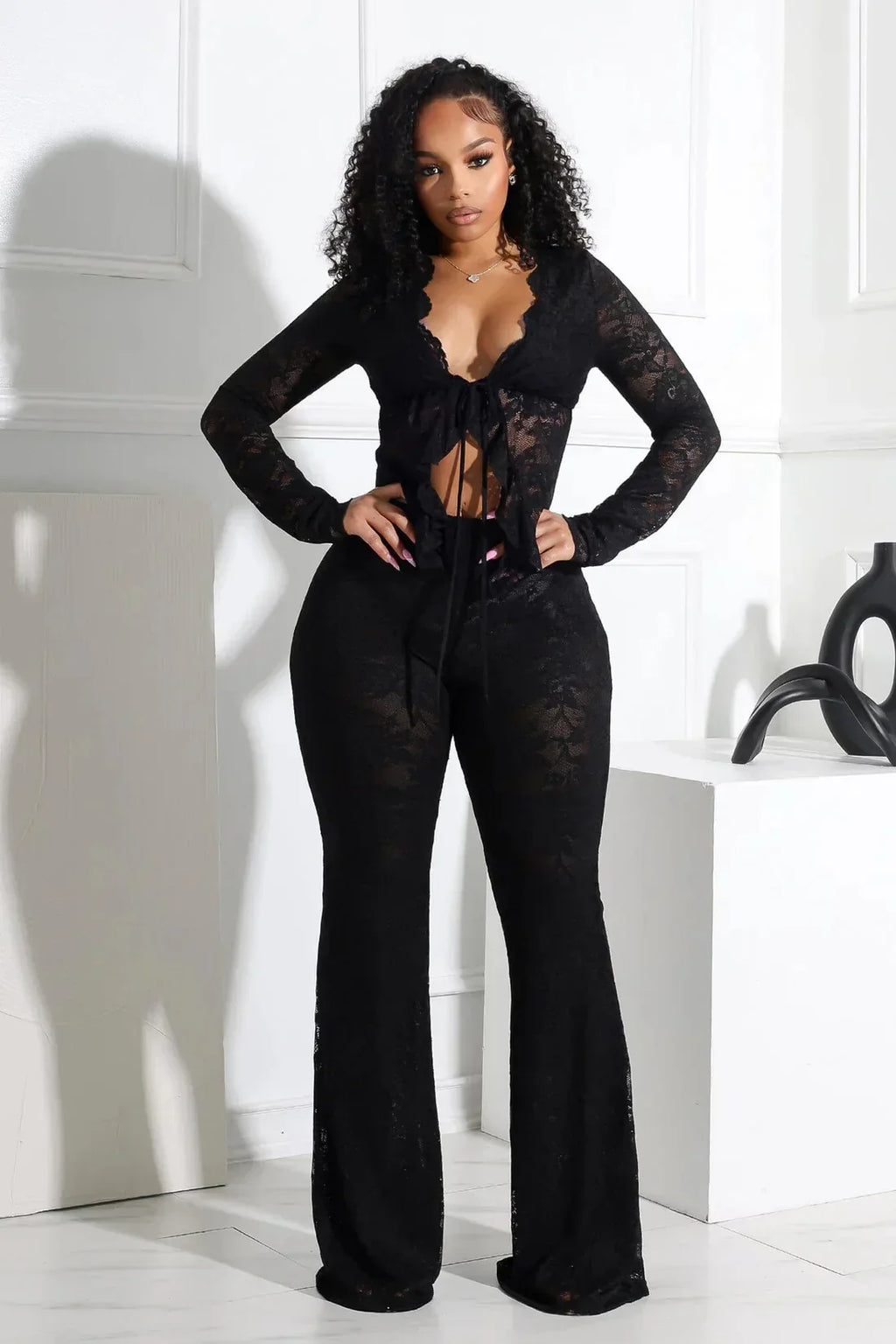 Women's Set Long Sleeve Lace See Through Shirt + Long Pants Street Evening Sexy Two 2Piece Sets Outfits Tracksuit