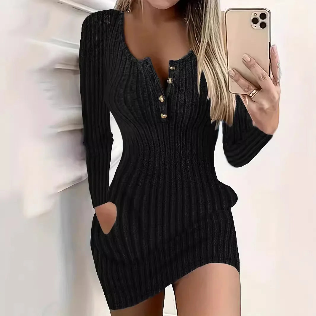 Women's Long-Sleeve Ribbed Knit Bodycon Dress