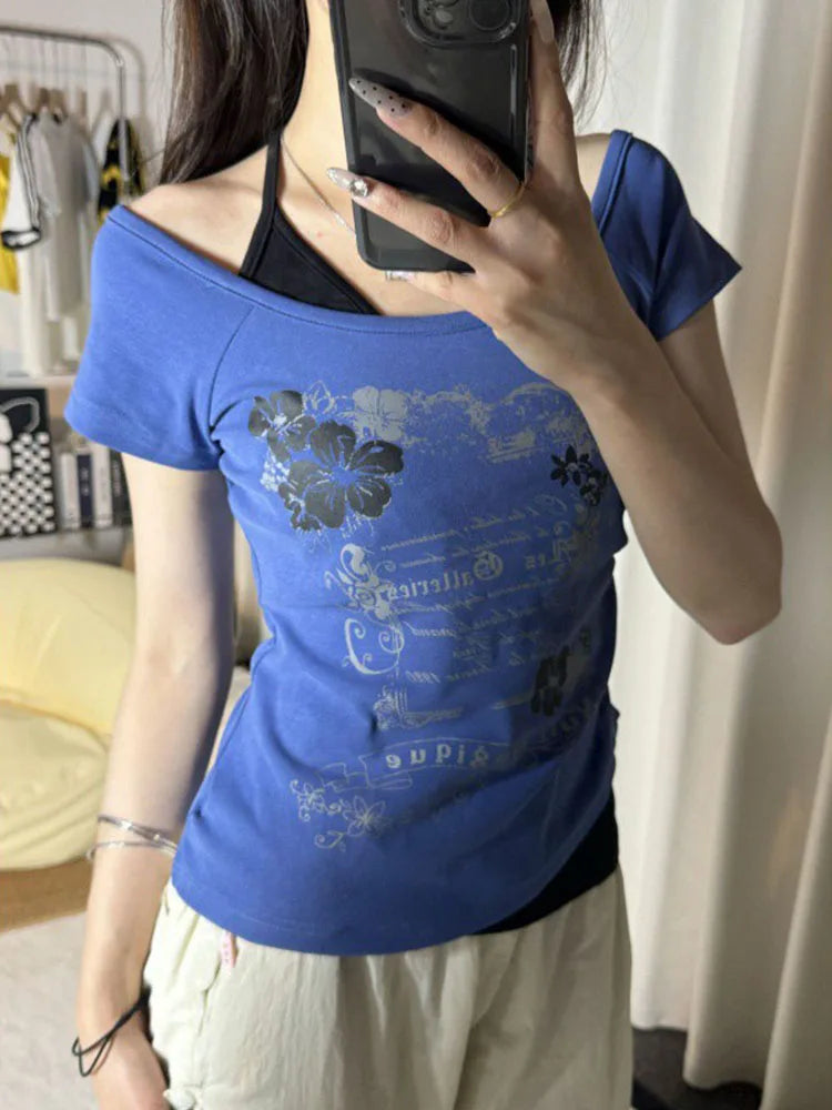 Vintage Y2K Halter Lace-Up Off-Shoulder Tee