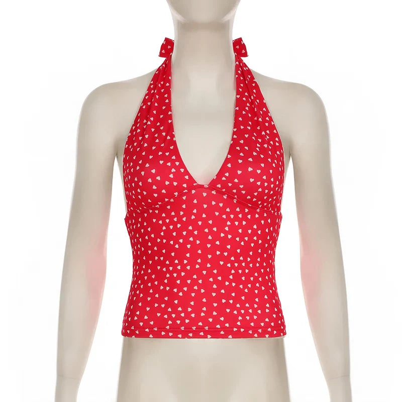 Heart Printed Halter Neck Tank Tops Women Sweet Sleeveless V-Neck Vest Y2k Slim Crop Tops Coquette