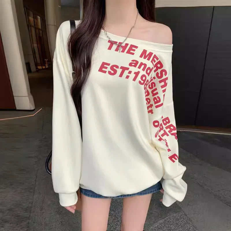 Women's Oversized Off-Shoulder Letter Print T-Shirt