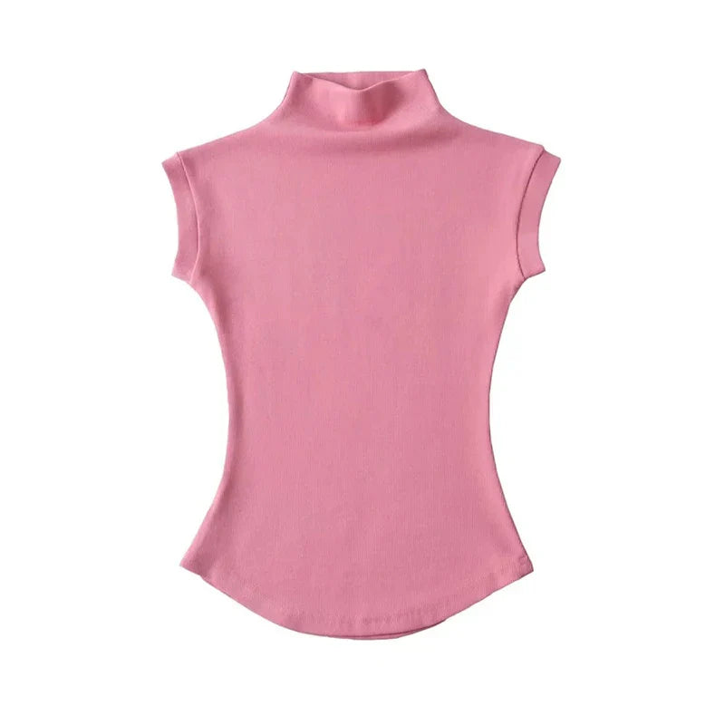 Turtleneck Sleeveless Slim Solid Stretch Tee