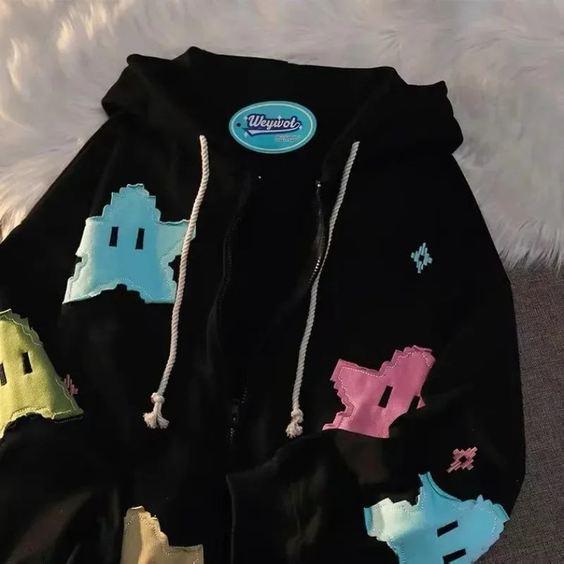 Y2K Oversized Embroidered Zip-Up Hoodie