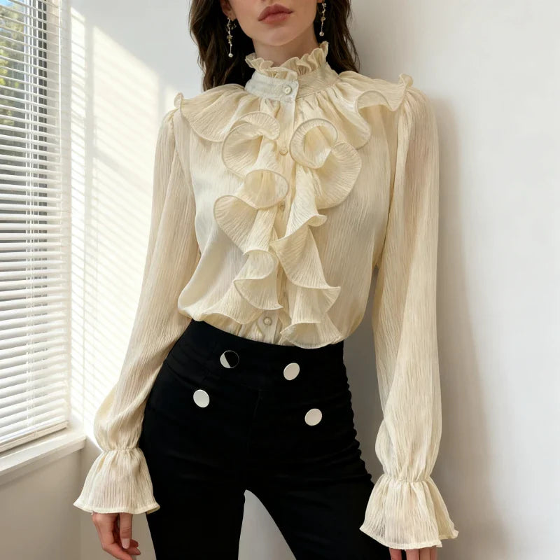 Vintage Lace Ruffle Chiffon Blouse | Women's Long Puff Sleeve Elegant Top