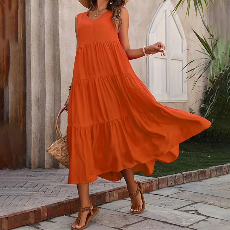 Women's Casual A-Line Tank Dress - V-Neck Sleeveless Midi Dress