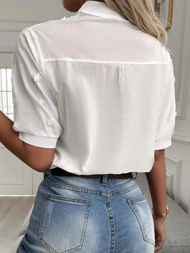 Embroidered Stand Collar Lantern Sleeve Hollow-Out Blouse
