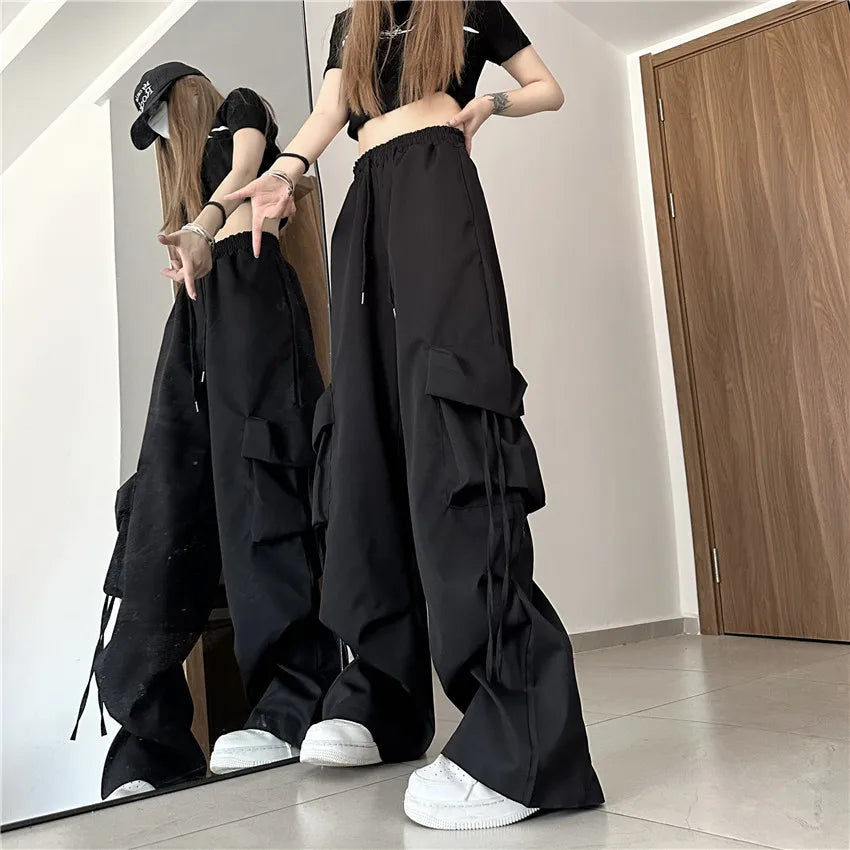 Mid Waist Cargo Pants Loose Fit Big Pockets Elastic Waist Ankle Length