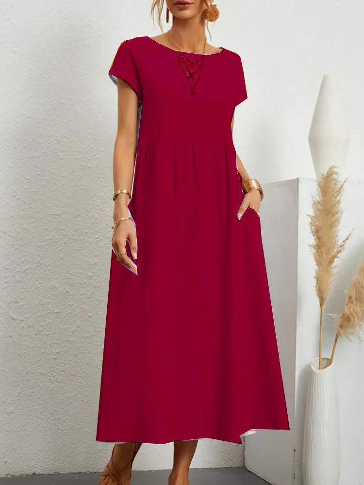 Cotton Linen Short Sleeve Shirred Loose Maxi Sundress