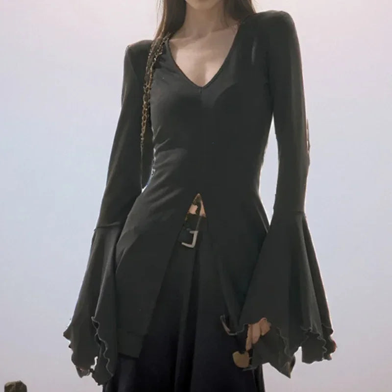 Goth Dark Fairy Grunge Long Flare Sleeve V-Neck Split Lettuce Ruffles Hem Slim Fit Blouse Y2K Alt