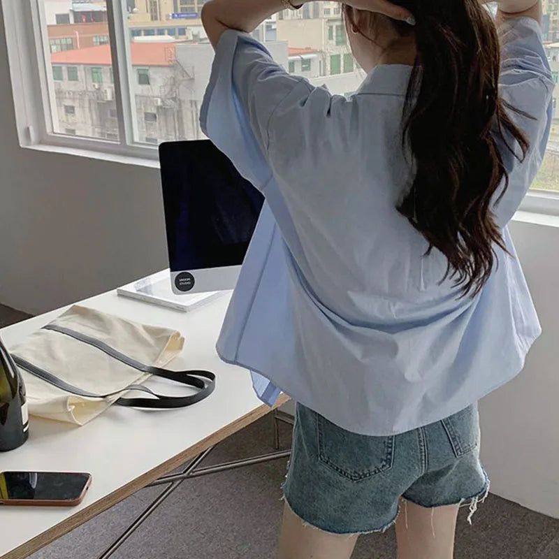 Women's Turn-Down Collar Short Sleeve Loose Solid Blouse