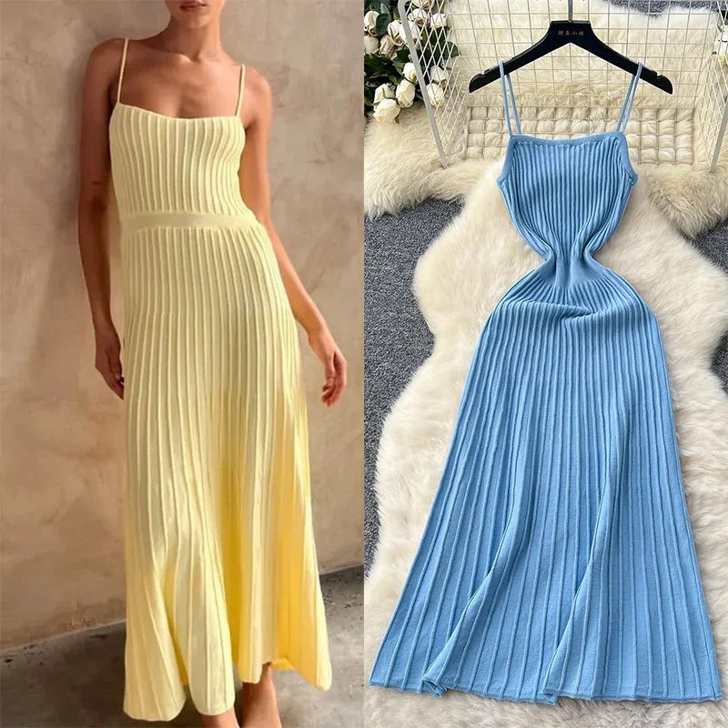 Knitted Pleated Midi Dress High Waist Sleeveless Sling Dress Women Bodycon Streetwear
