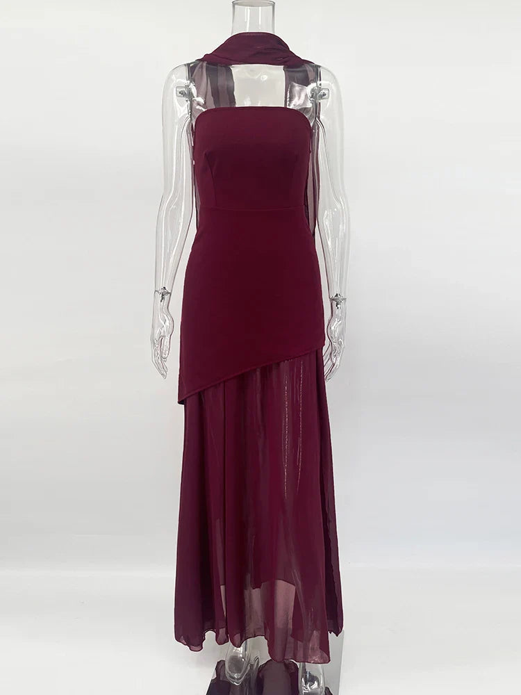 Strapless Mesh Maxi Dress Sleeveless Ribbon Patchwork Beach Vacation