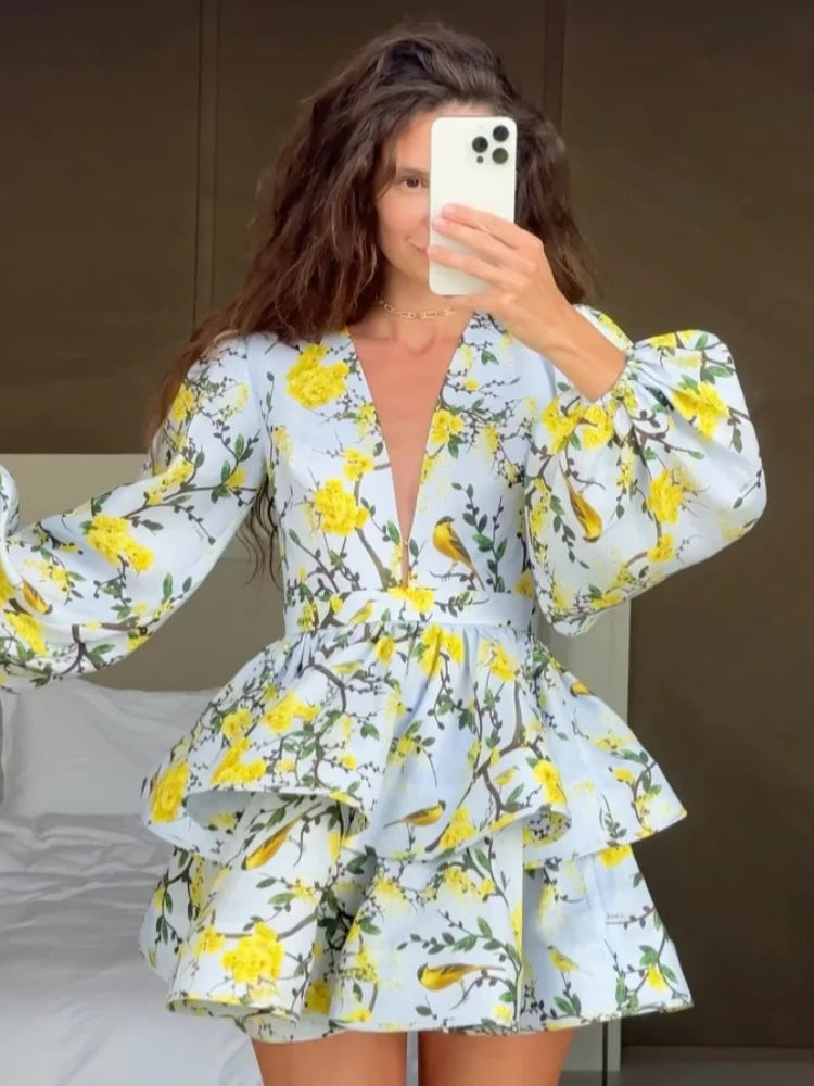 Printed Ruffled Hem Deep V-Neck Dress Long Lantern Sleeve Elegant Vacation Party Dress