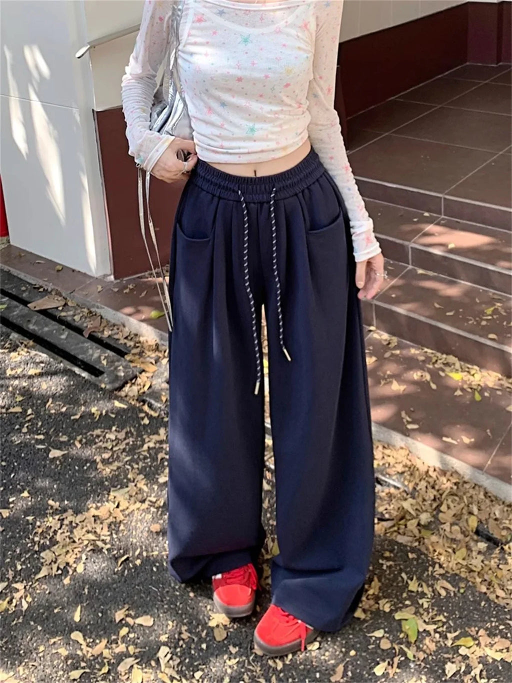 High Waist Straight Wide Leg Pants Loose Fit Pockets Elastic Waist