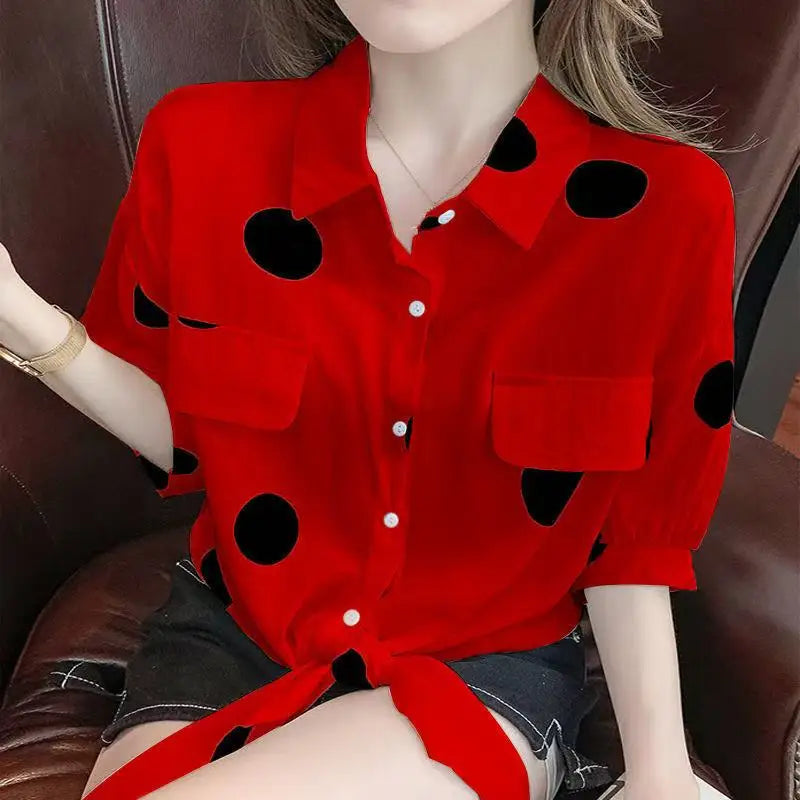 Women's Turn-Down Collar Sleeveless Polka Dot Chiffon Blouse