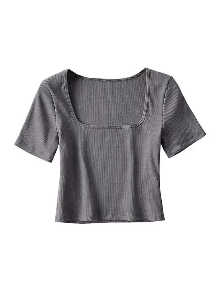Square Neck Ribbed Short Sleeve Crop Top
