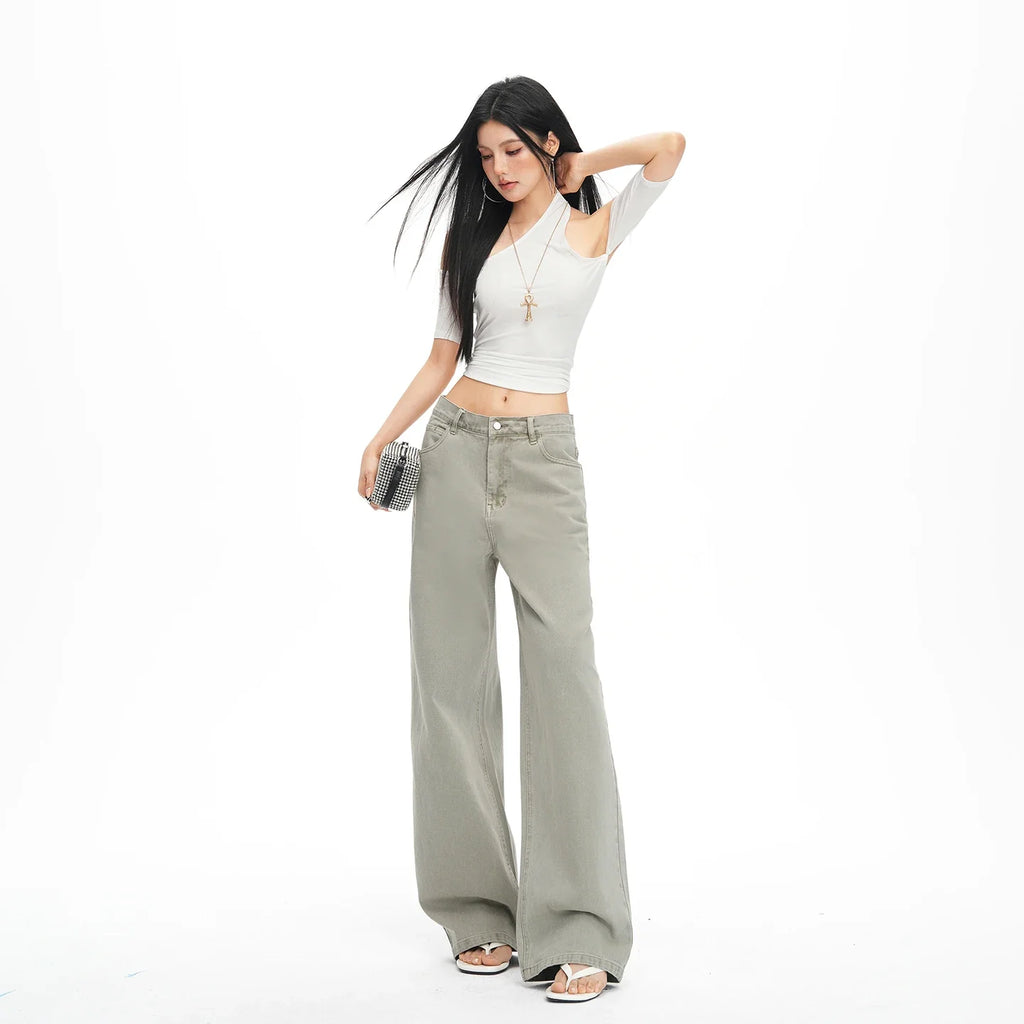 Y2K Vintage Wide Leg Jeans Women High Waist Zipper Pockets Streetwear Denim