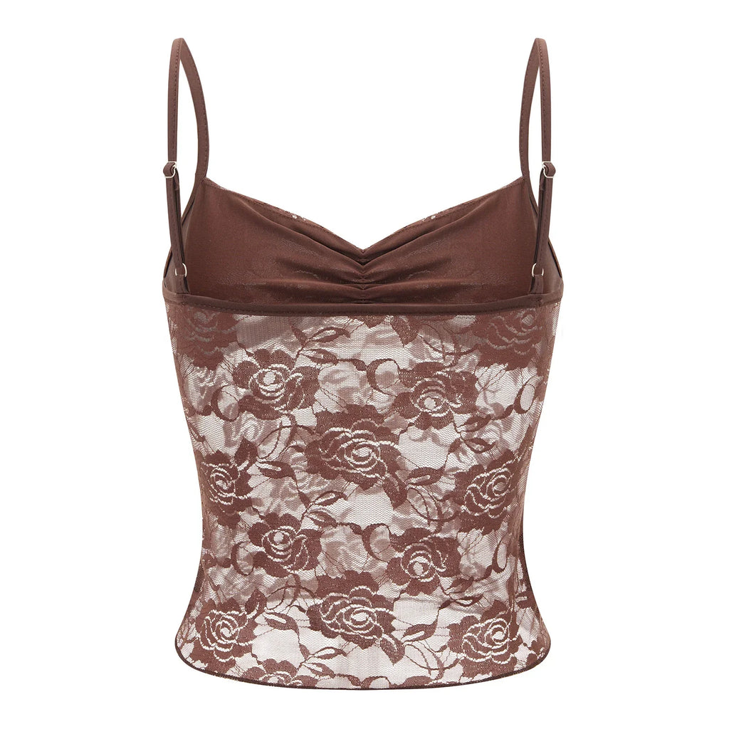 Women's Summer Lace Cami Tops Sleeveless Ruched Front Solid Color Camisole Slim Fit Tank Tops