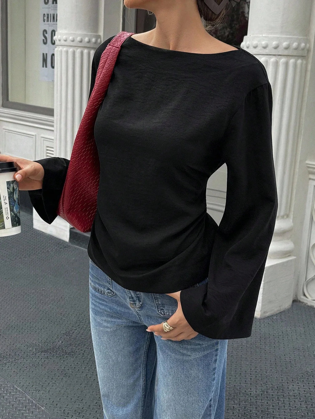 Women's Boat Neck Flare Sleeve Top with Back Tie