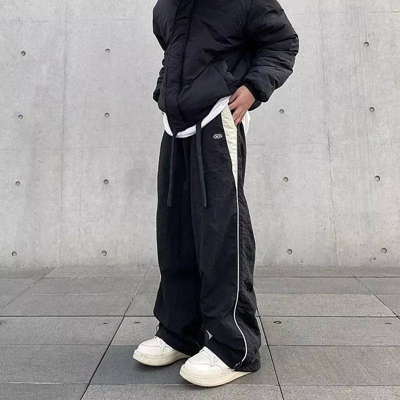 High Waist Wide Leg Patchwork Pants Loose Fit Elastic Waist Pockets