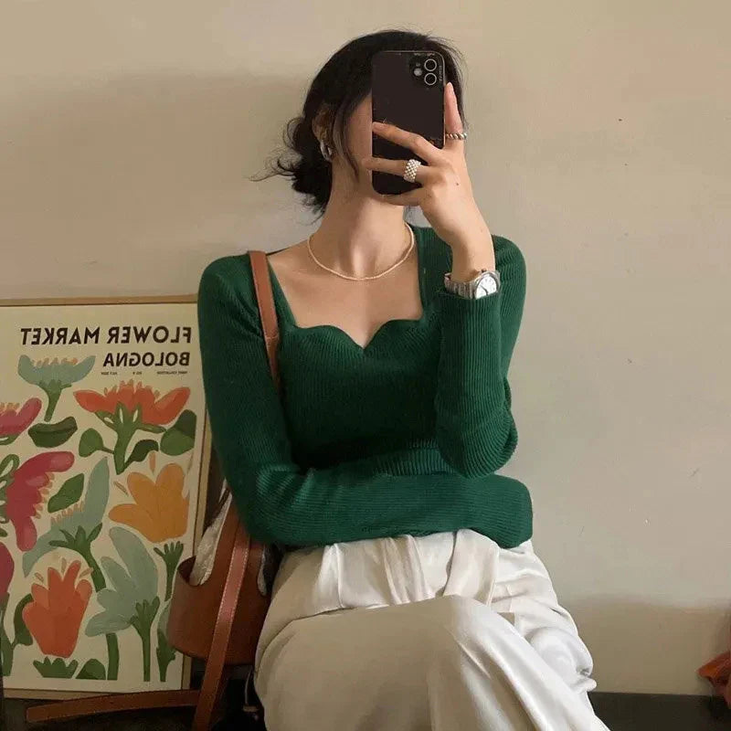Square Collar Cropped Knit Sweater Long Sleeve Slim Fit Pullover