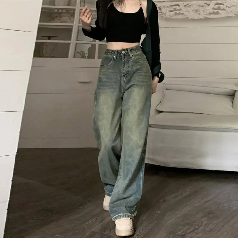 High Waist Wide Leg Jeans Vintage Straight Ankle Length Slimming