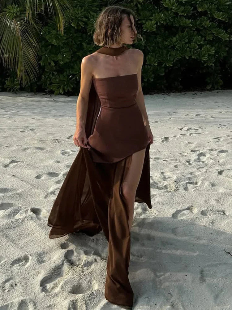 Strapless Mesh Maxi Dress Sleeveless Ribbon Patchwork Beach Vacation