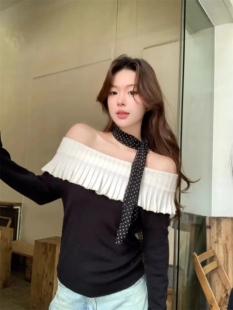 Slash Neck Ruffle Sweater Long Sleeve Regular Fit Pullover