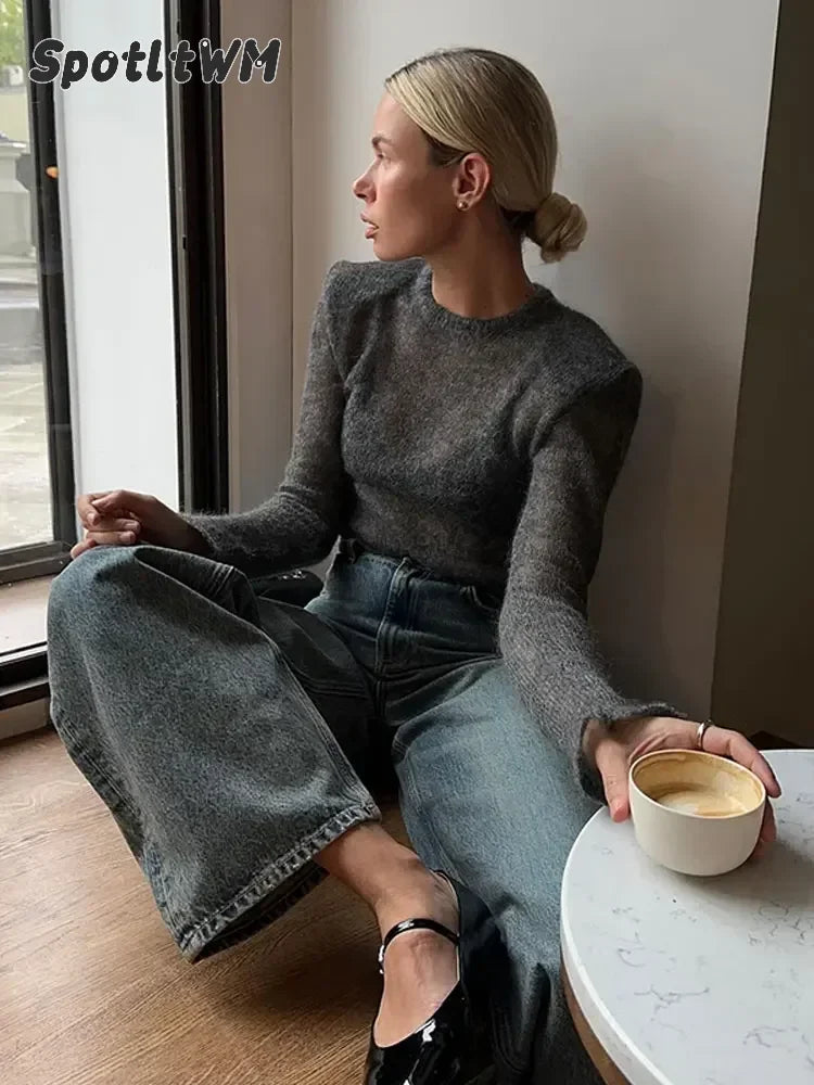 Round Neck Hollow-Out Knit Sweater Long Sleeve Loose Fit