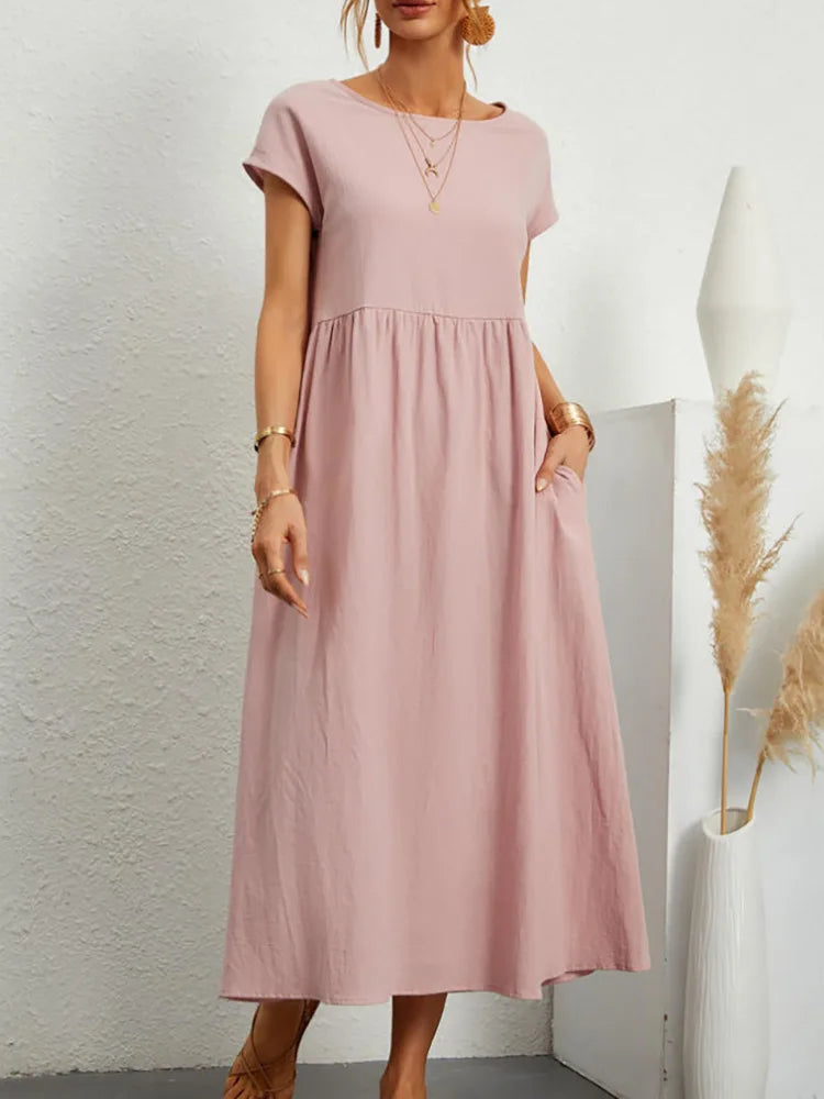 Cotton Linen Short Sleeve Shirred Loose Maxi Sundress