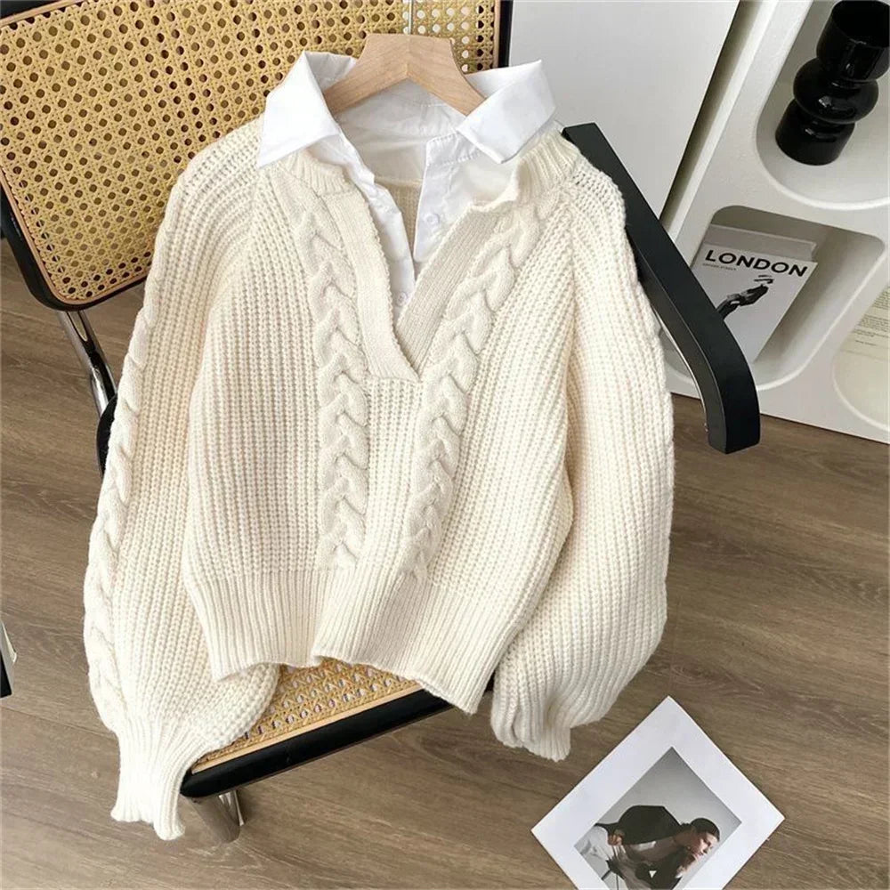 Turn-Down Collar Layered Knit Sweater Long Sleeve Slim Fit