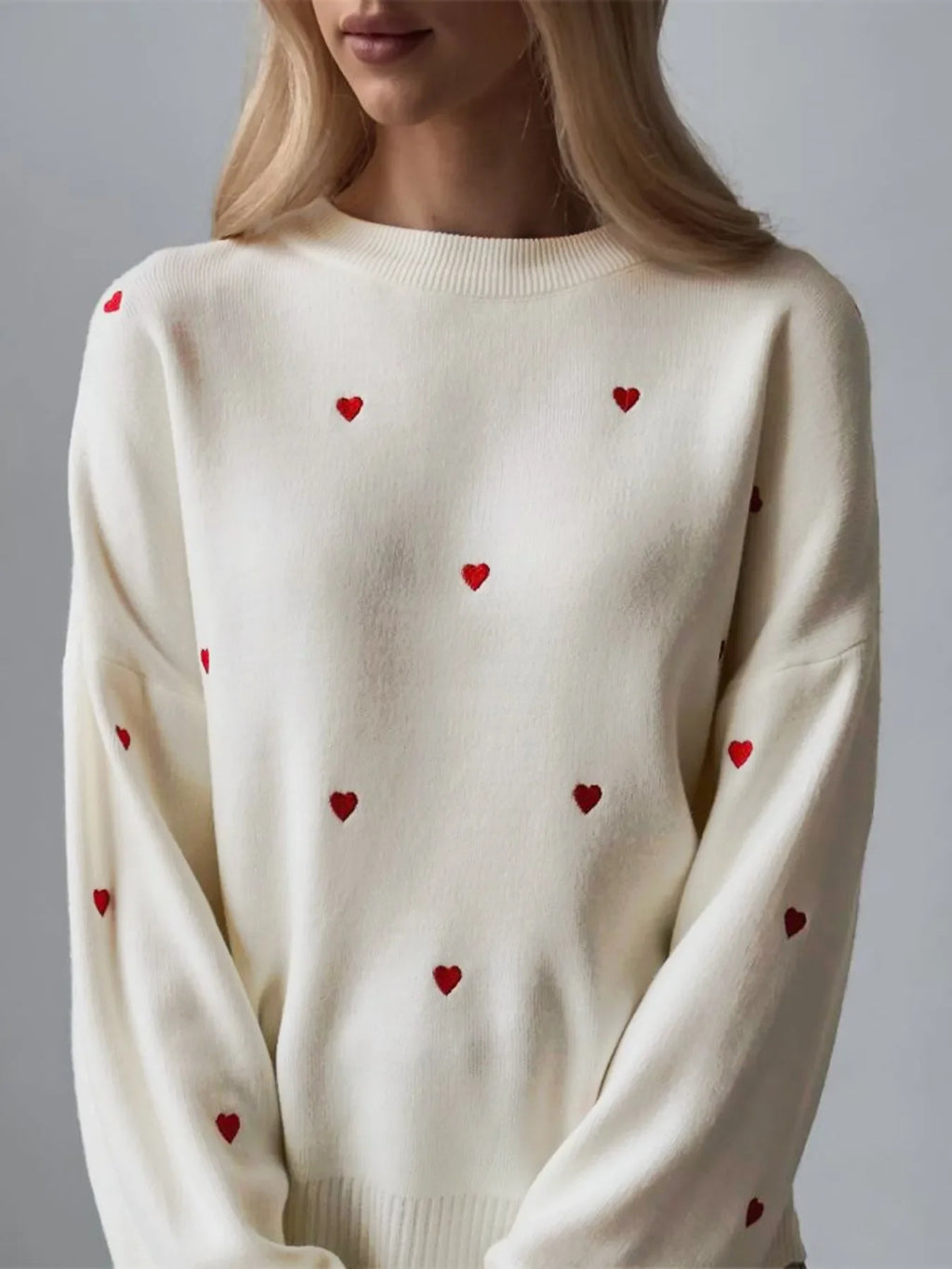 Women's Cream Red Heart Embroidered Oversized Knit Sweater