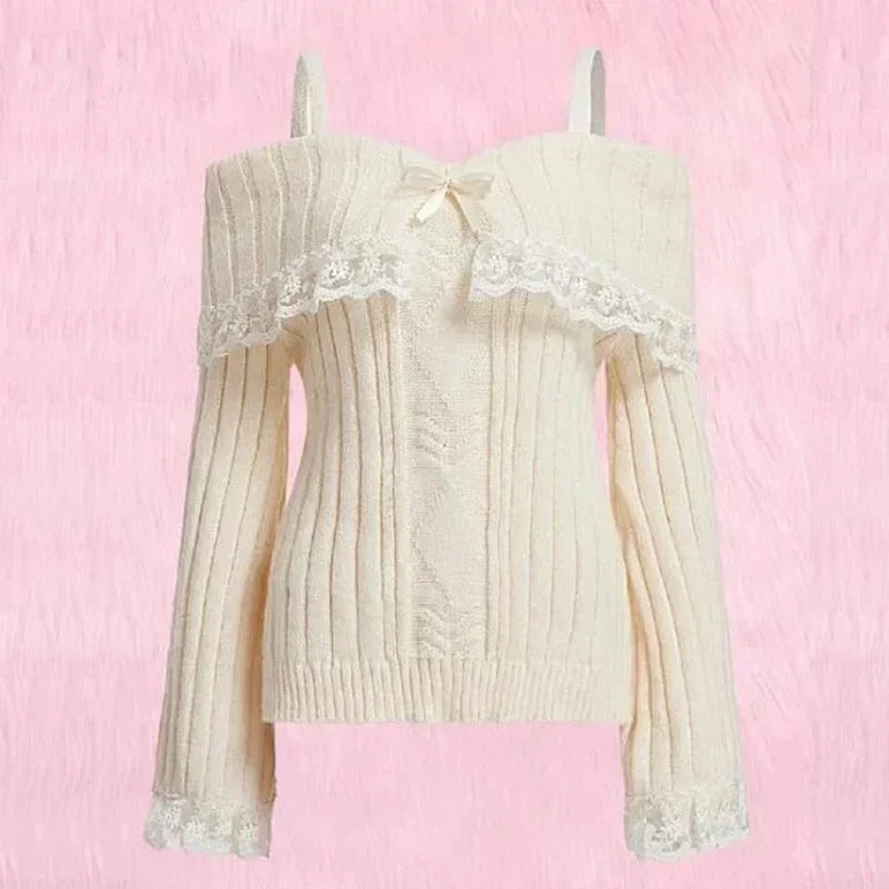 Women Off Shoulder Knit Sweater Pink Pullover Sweet Pullovers Long Sleeve Bow Lace Patchwork Jumpers Y2k Streetwear