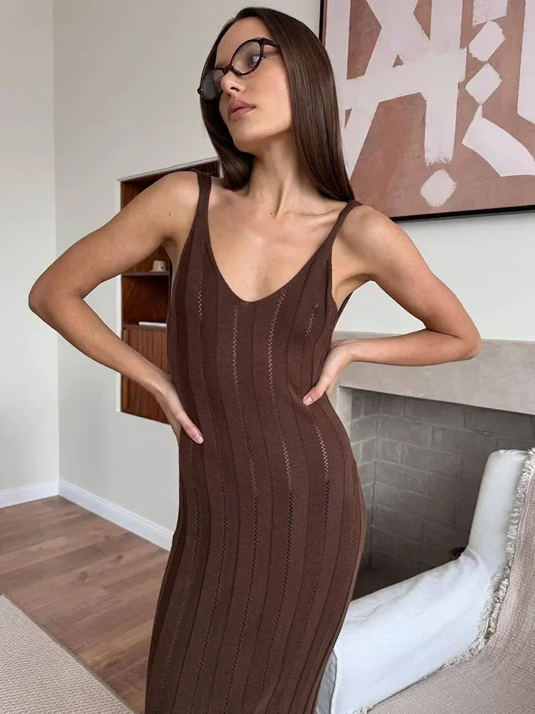 Knit Backless Maxi Dress V Neck Slim Sleeveless Suspender Beach Dress