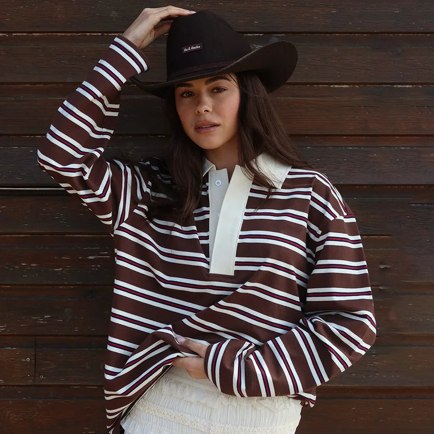 Vintage Lapel Collar Shirt Pullover Tops Tees Women Striped Rugby Polo T-shirt Y2k Long Sleeve Sweatshirt Preppy Sweatshirt