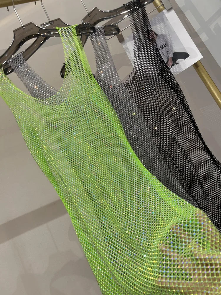 Sexy Sleeveless Skeleton Glitter Rhinestone Dress Mesh See Through Round Neck Midi Party Dress