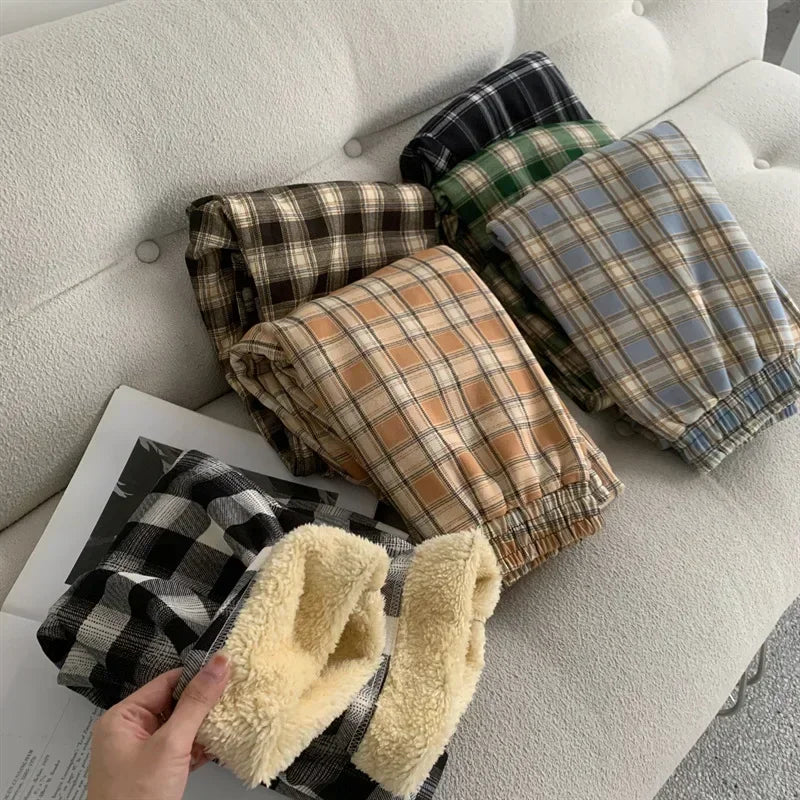 Plaid Wide Leg Plush Pants Warm Cashmere Loose Mid Waist Casual