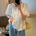 French Style Embroidered Lace Blouse Women White Short Puff Sleeve Round Collar