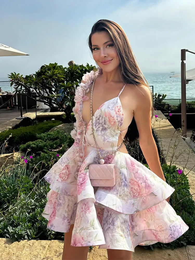 3D Flower Print Lace-Up Backless Mini Dress