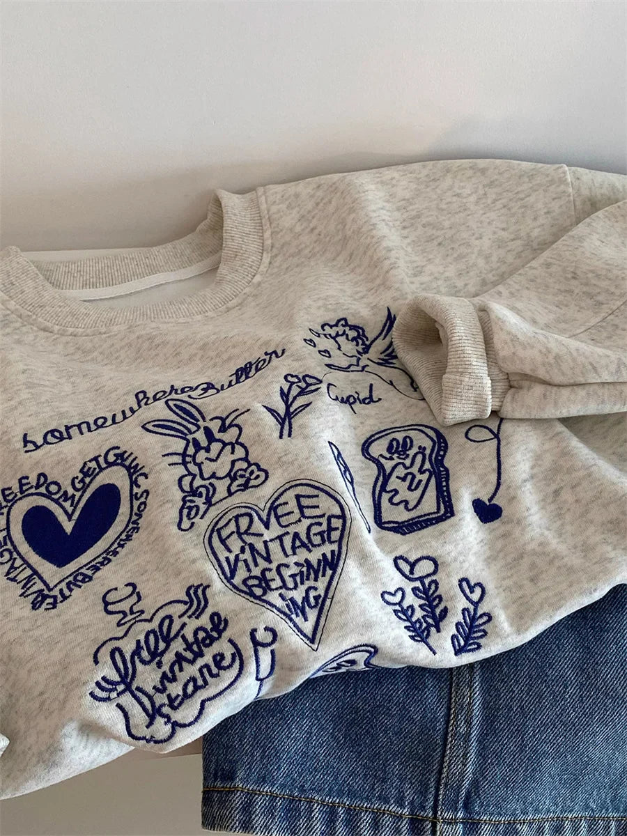 Round Neck Embroidered Cropped Sweatshirt Drop Sleeve Regular Fit