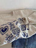 Round Neck Embroidered Cropped Sweatshirt Drop Sleeve Regular Fit