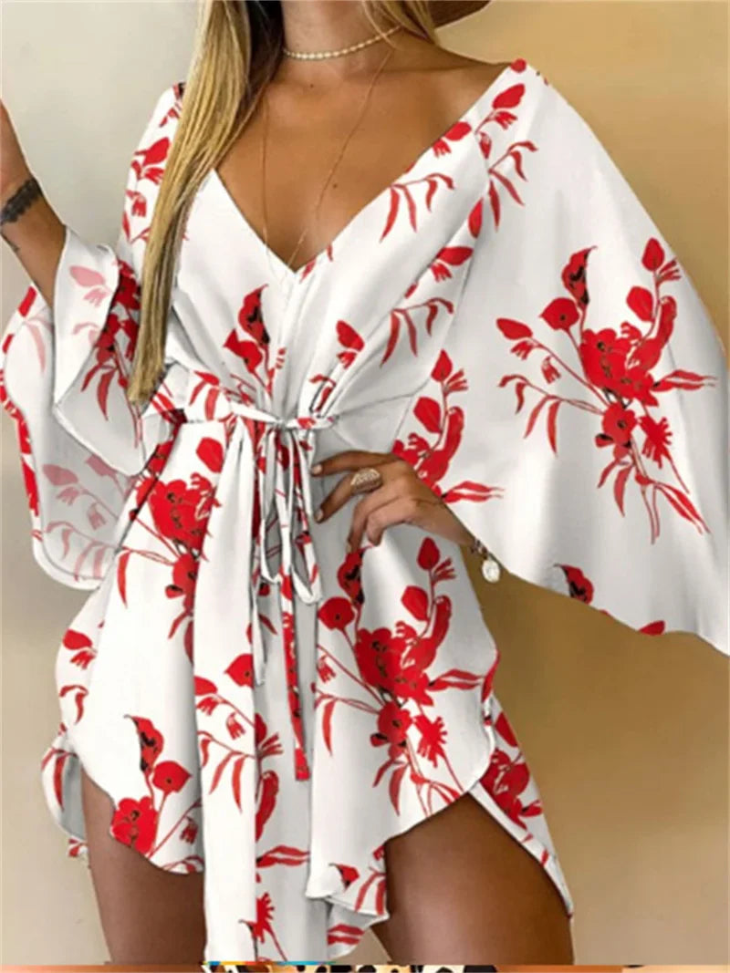 Floral Print V-Neck Batwing Sleeve Loose Mini Dress