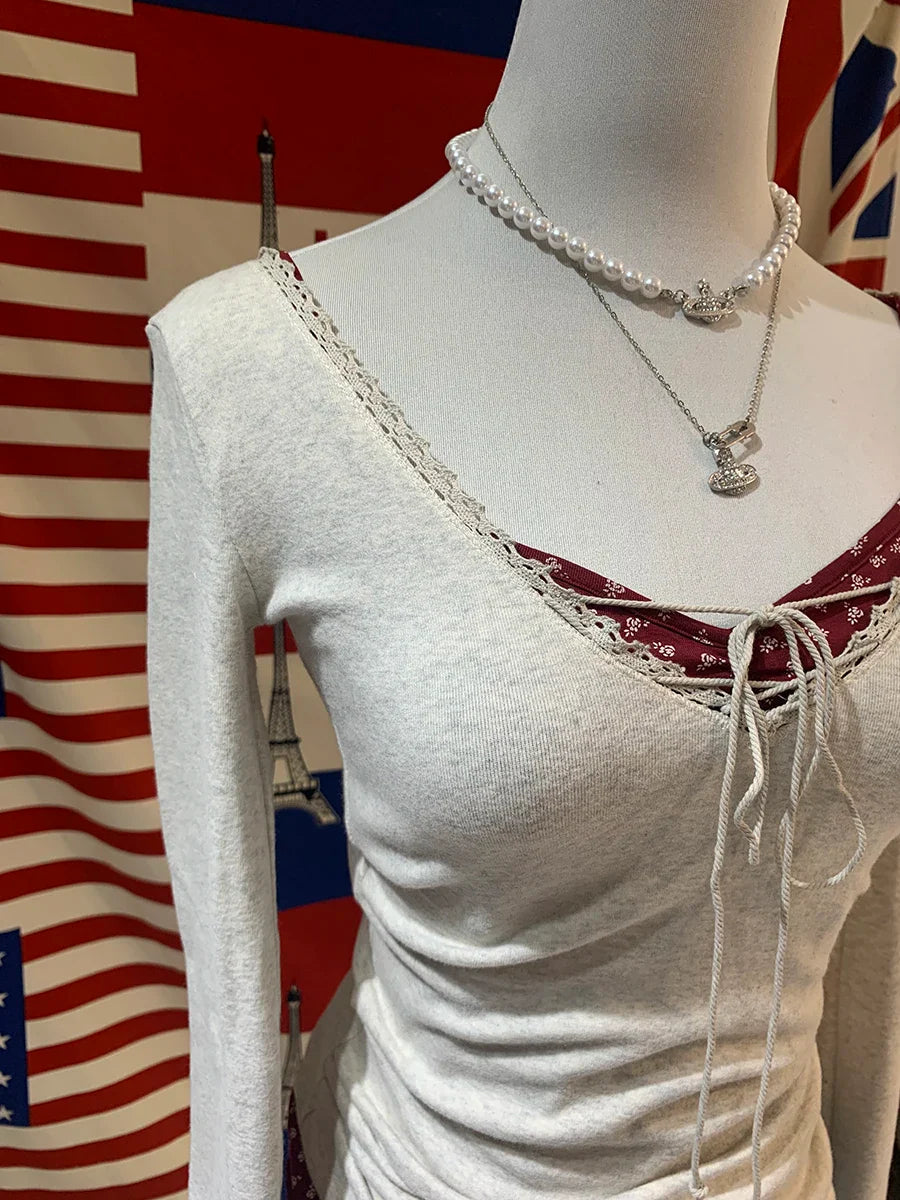 Bandage Lace Trim Long Sleeve T-shirt  Sexy V-neck Cotton Slim Tshirt Top Female Casual Simple Solid Elegant Woman's Tees
