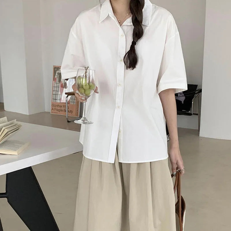 Women's Turn-Down Collar Short Sleeve Loose Solid Blouse