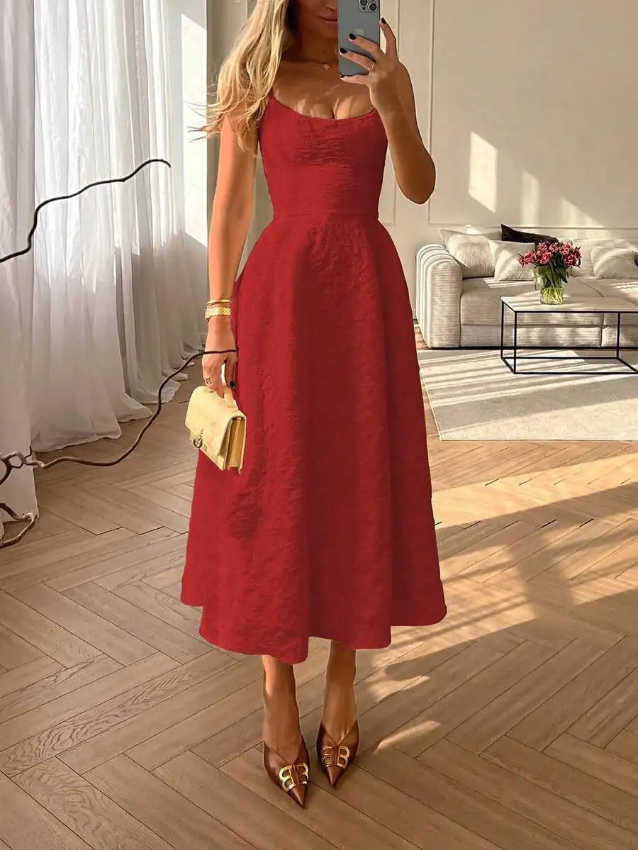 Elegant Solid Color French Style Sling Midi Dress with Waist Detail